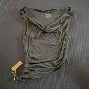 Eco-SkinKiss® Rib Cowl Collar Asymmetrical Hem Tank in Pewter (a dusty blue) XS